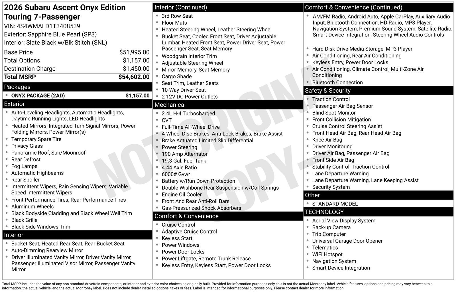 2026 Subaru Ascent Onyx Edition Touring 7-Passenger