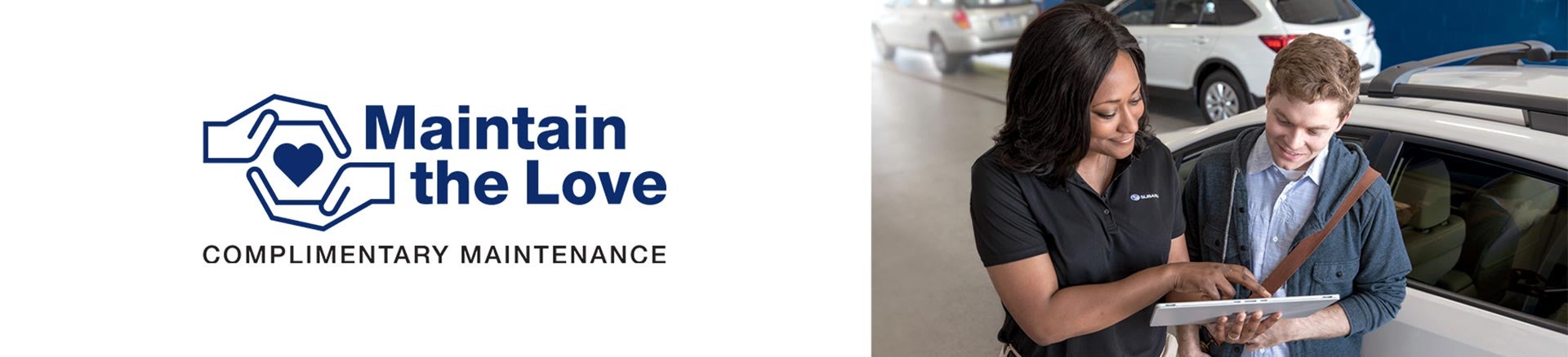 Image of Maintain The Love logo next to a Subaru service representative talking to customer.