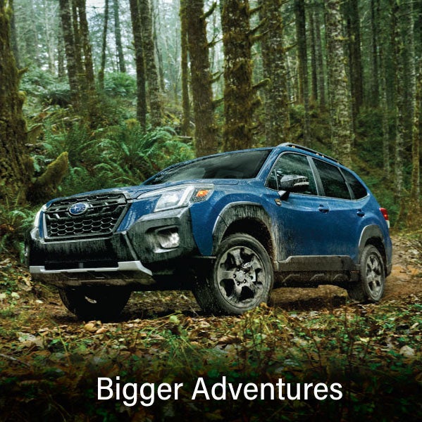 A blue Subaru outback wilderness with the words “Bigger Adventures“. | Puente Hills Subaru in City of Industry CA